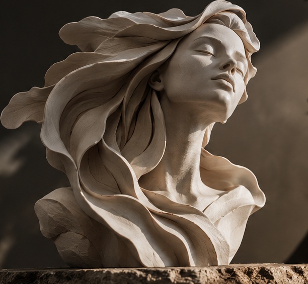 Ethereal Bloom: an ivory stone bust whose hair flows into sculpted petal-like folds, lit by warm directional gallery light.